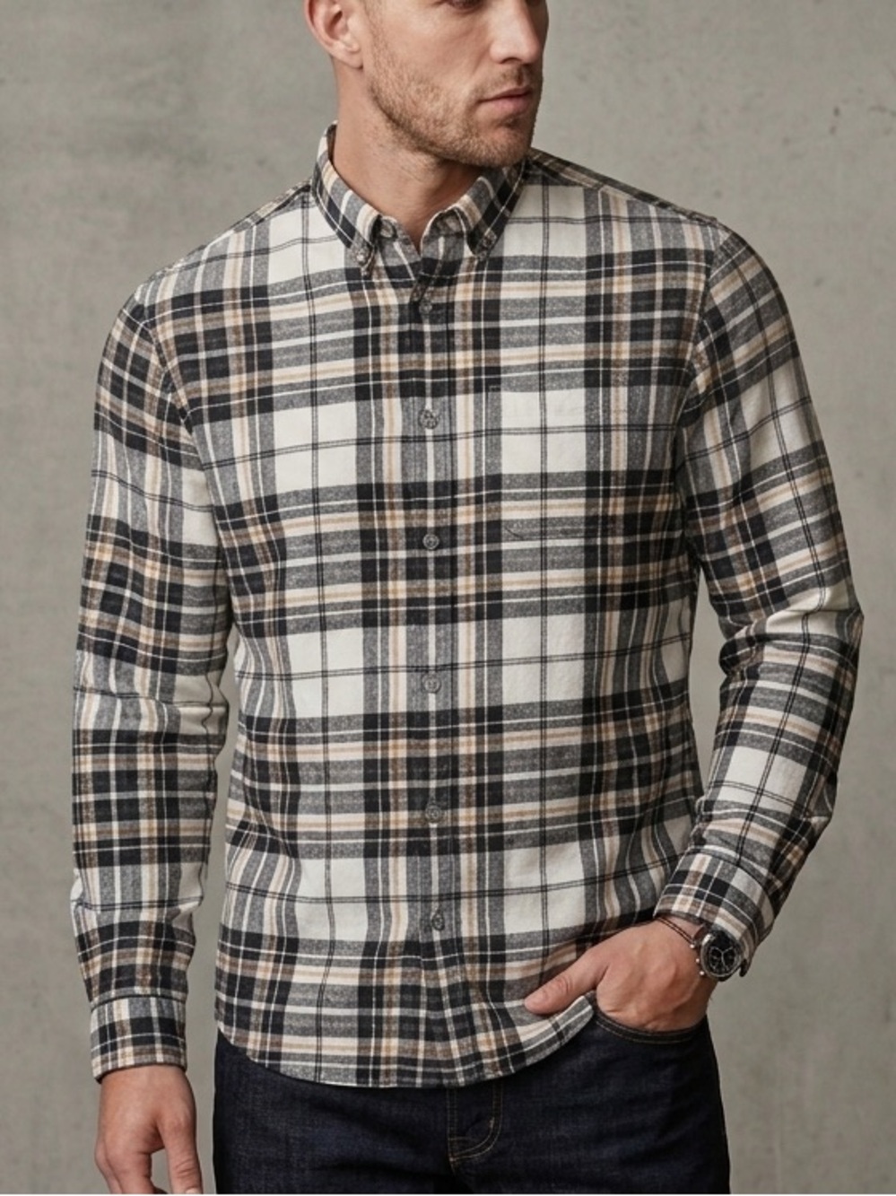 Brand New Eddie Bauer White Black and Tan Plaid Flannel Button-Down Shirt